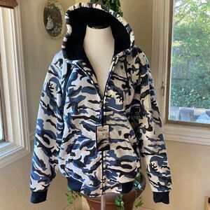 Han Ton Camo Blue Fleece Lined Zip Up Hoodie Size L NWT